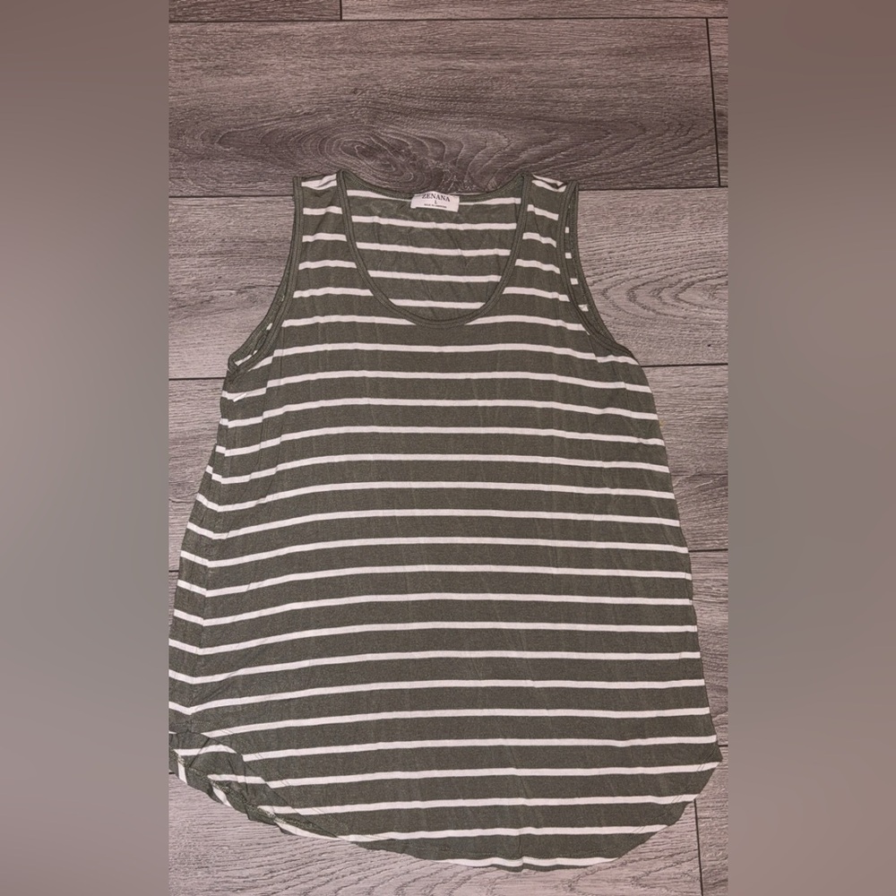 Zenana Size Large Sleeveless Tank Top Striped Olive Gray/green White Comfy